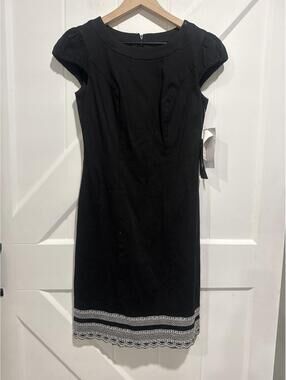 Oleg Cassini Black Dress with White Textured Trim, NWT Size 2